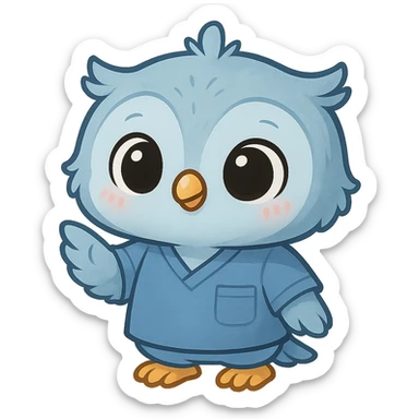 Change the baby owl's uniform to a blue psychology scrub, keeping the adorable and cute style, with a transparent background. sticker