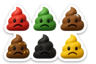 emoji stile iphone 3d di una cacca di colore rosso, una cacca di colore verde, una cacca di colore marrone con muco bianco visibile sopra,  una cacca di colore marrone con penne di pasta a pezzetti visibili all'interno di essa,  una cacca di colore nero e una cacca di colore giallo, tutte le cacche hanno un espressione triste, iperrealistiche 4k sticker