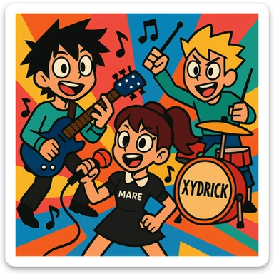 Maretu and Xydrick as stylized characters, energetic and dynamic poses, vibrant colors, musical theme sticker