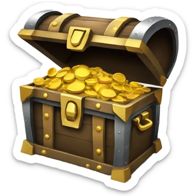 A wide, dark treasure chest with the lid open, showing gold coins sticker