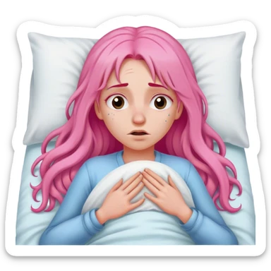 Young Woman with long pink hair In bed with sinus pain  sticker