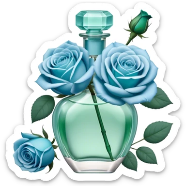 Aesthetic composition of soft blue roses with a vintage-style green  perfume bottle.
 sticker