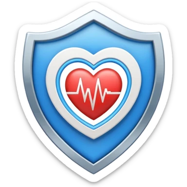 Health monitoring icon, heart inside shield, signal waves, emoji style, modern clinic branding sticker