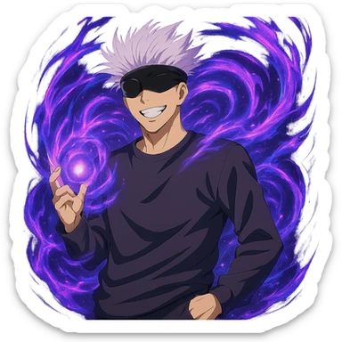Add Hollow Purple effect with swirling purple and blue energy around Gojo Satoru, keeping his smiling casual pose, in anime style, no background. sticker