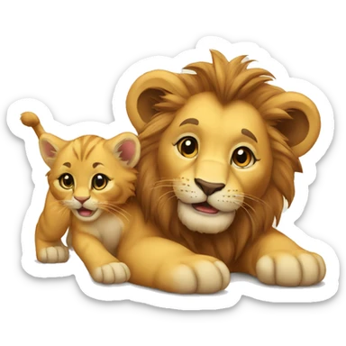 A lion cub playing with a kitten sticker