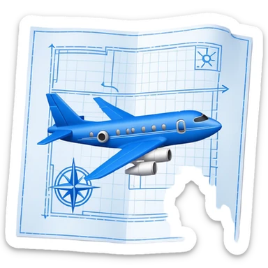 blue blueprint with one dashed line marking a start and a destination sticker