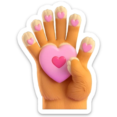 close-up of a single cat paw performing Korean finger heart gesture with two paw fingers forming heart shape, soft beige and light brown fur, gentle pastel tones, warm lighting, soft friendly cute style, minimal clean background sticker