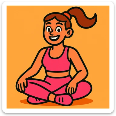 woman sitting cross legged in a pink workout set, vibrant toon style, cheerful expression sticker