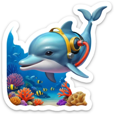 A brave dolphin in diver mask and oxygen tank, exploring coral

 sticker