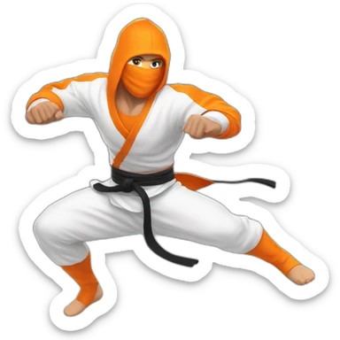 male Ninja Warrior athlete in orange white cloths, captured mid-air sticker