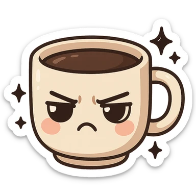 chibi sticker-style coffee cup with black sparkles and a moody expression, cute and exaggerated sticker