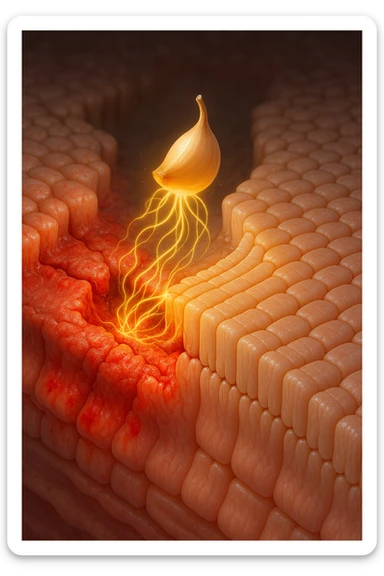 Scientific visualization. A damaged, inflamed section of intestinal lining. A miniature, glowing clove is positioned like a healer, sending out tendrils of golden energy that soothe the inflammation and weave the cellular barrier back together, creating a healthy, sealed surface. sticker