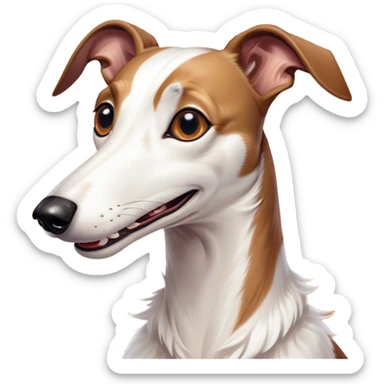 Cinematic Comical White and Brown Greyhound Portrait Emoji, Head tilted dramatically with an exaggeratedly amused expression, featuring a striking white Fur with dynamic brown accents, wide, expressive eyes filled with playful disbelief, Simplified yet hilariously expressive features, highly detailed, glowing with a slightly sassy glow, high shine, dramatic yet playful, stylized with an air of cheeky mischief, bright and endearing, soft glowing outline, capturing the essence of a spirited and over-the-top racer, so meme-worthy it feels like it could side-eye its way into internet fame instantly! sticker