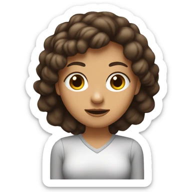 mujer blanca con ojos color almendra y cabello marron oscuro, con n linar en la mejilla izquierda con laptop en mano  sticker