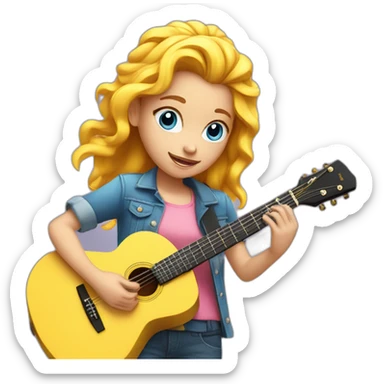 girl with blue eyes and long pink hair with a yellow and blue hairclip playing the guitar sticker
