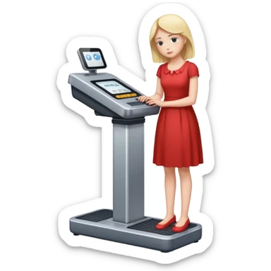 women is standing on weight check machine and she is sad because his weight is not ganaing sticker