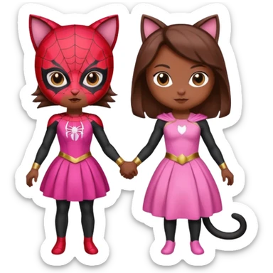 A spider-themed superhero character holding hands with a cute cat character in a pink dress. sticker