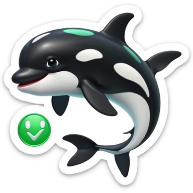 3d Cartoon orca with a green tick icon next to it sticker