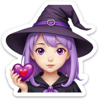 anime girl with lilac hair in a witch hat holding a purple heart sticker