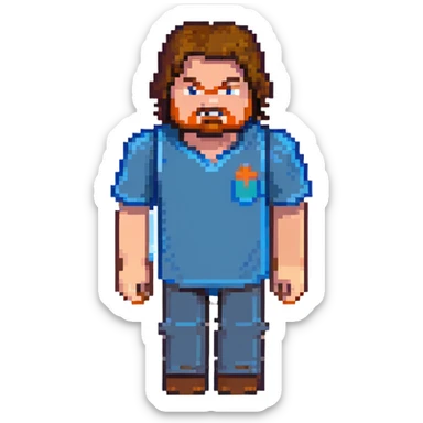 Jack Black as Minecraft Steve portrait, just face and shoulders, blocky character with brown hair, beard, and blue shirt sticker