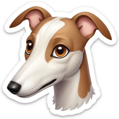 Cinematic Cute White and Brown Greyhound Portrait Emoji, Head tilted playfully and inquisitively, featuring a smooth white Fur with vibrant brown accents and round, sparkling eyes filled with curiosity, Simplified yet irresistibly adorable features, highly detailed, glowing with a warm, friendly glow, high shine, affectionate and nimble, stylized with a touch of whimsy, bright and endearing, soft glowing outline, capturing the essence of a mischievous yet loving racer, so playful it feels like it could sprint out of the screen and into your arms! sticker