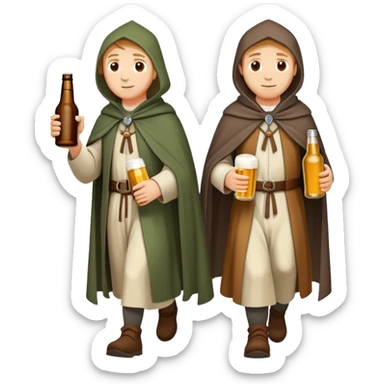 medieval pilgrims walking on a journey path with cloaks and beer bottles sticker