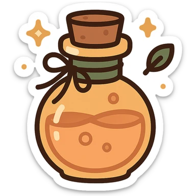 "A cute potion bottle with a whimsical and cozy design, featuring soft and warm colors: golden orange (FA9B41), deep forest green (4A7C5C), muted taupe brown (96775A), and pastel peach (FFCC9A). The bottle is small, round, and slightly vintage in style, with a cork stopper and a delicate ribbon tied around its neck. The potion inside glows faintly with a peachy-orange hue. Surroundings include soft lighting and a magical atmosphere, possibly with sparkles or tiny floating leaves, emphasizing a warm and enchanting mood. The style is charming, storybook-like, and detailed." sticker