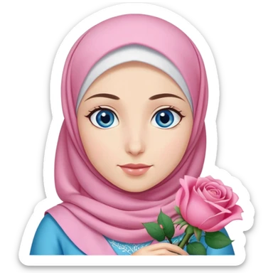 Turkish beautiful finish Konya girl blue eyes with pink hijab islamic dress and had on her hand rose bouquet sticker