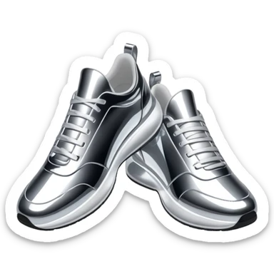 A pair of futuristic sneakers emoji made of silver chrome, sleek streetwear design, smooth metallic panels, subtle reflections, luxury swag aesthetic, iOS emoji style, centered, clean white background sticker