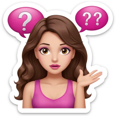 girl with long wavy brown hair, brown eyes, long lashes makeup, sexy pink lips, light to medium complexion, wearing a pink sexy top, shugging, question mark one speech bubble sticker