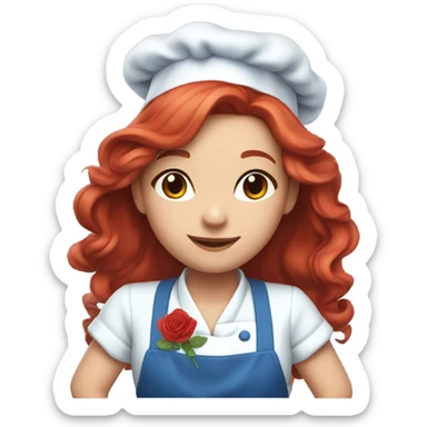 Cute long red hair girl chef.. with blue clothes on.. roses on her clothes.. attractive  sticker
