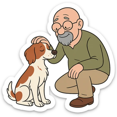 cartoon style bald old man with round glasses and grey goatee petting a Brittany Spaniel, gentle and affectionate sticker