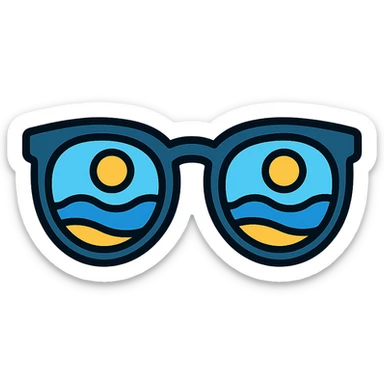 pair of sunglasses reflecting a beach scene, glossy icon style sticker