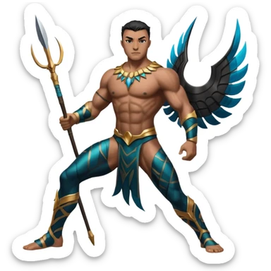 Namor from Black Panther 2, full body, dynamic pose, holding a sharpened spear, wings at his feet sticker
