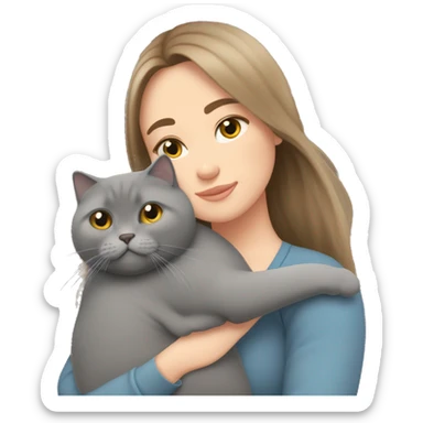 fat British shorthair grey cat hugging long brown hair white woman sticker