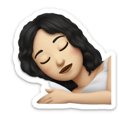 Woman pale skin black hair with bangs sleeping in bed with pillow, white woman sticker