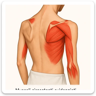 Scapole alate, muscoli circostanti evidenziati per mostrare la causa della patologia, didascalia in italiano, ispirata alla foto di riferimento. sticker