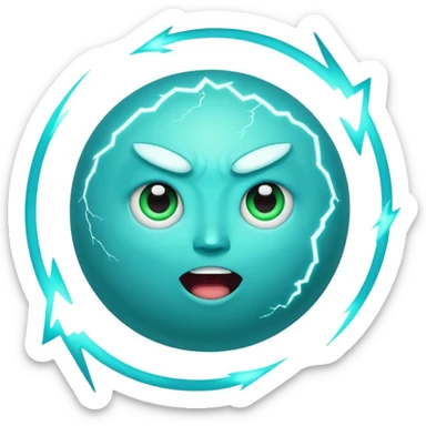 Uranus planet emoji in Apple style, blue-green with dynamic rings, huge fun excited expressive face, prominent bold lightning bolt, symbolizing chaotic unexpected energy sticker