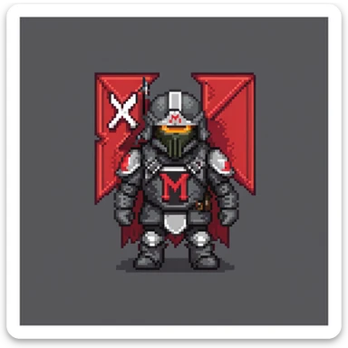 military person in black and red armor, wearing a black flag on back with red letter M in center sticker