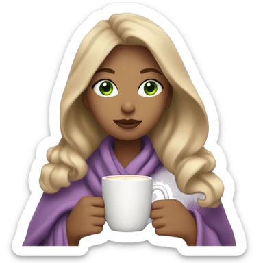 A girl that dark honey blonde hair, green eyes, and is wearing a lilac shirt while wrapped in a cozy blanket sipping a latte sticker