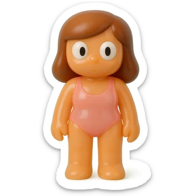 full-body beach girl, retro 90's toy style, very transparent and slightly see-through, natural tan skin, brown hair, pink swimsuit, large white eyeballs with small black pupils, soft plastic texture, soft reflections, soft and squishy, some cloudiness, not shiny, highly detailed, appealing, no tag, no background sticker