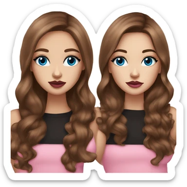 pretty girl long brown hair, blue eyes, makeup with black kitten and pink lips sticker