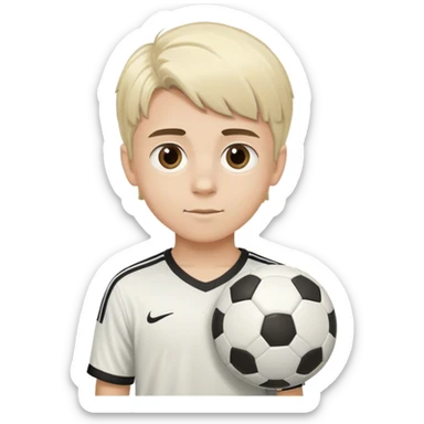 white blonde haired boy with brown eyes and dark eyebags with a soccer ball sticker