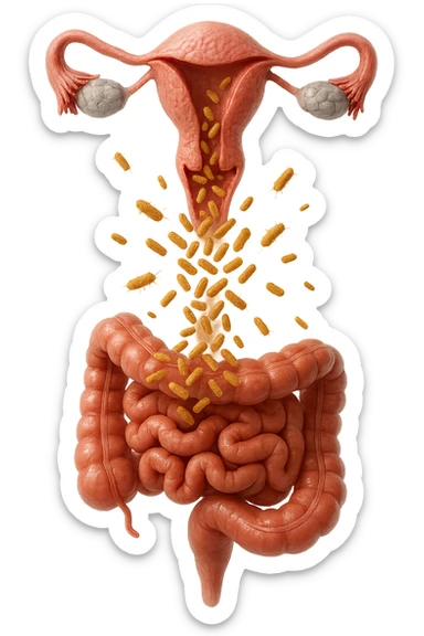 UTERO UMANO E INTESTINO ANATOMICI REALISTICI SONO UNO SOPRA ALL'ALTRO E SI PASSANO I BATTERI A VICENDA, CON BATTERI CHE ESCONO DALL'INTERNO, IPERREALISTICO 4K, NON DISEGNATO sticker