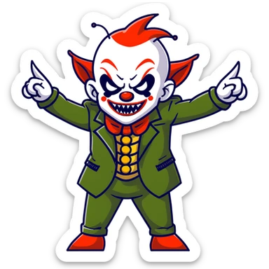 evil clown warrior, bald, very short devil-like horns on forehead, fangs, pointed ears, black and military green leisure suit, battle-ready fighting posture sticker