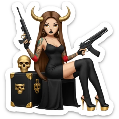 Sensual woman long brown straight haired sexy drug lord woman with tattoos on arm sleeves and black thick butt platform high heels on her feet, and devil black horns on her head, she is holding a skull head and a gun. Sitting on gold cases full of gold , long black dress with sexy slit sticker
