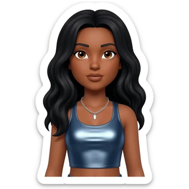 Chilli from TLC with brown skin, brown eyes, long black hair, steel blue metallic crop top, silver necklace sticker