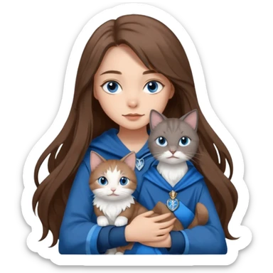 gorgeous Girl with light skin, blue eyes, long brown hair, wears a ravenclaw outfit, with a grey and white cat holding in her arms sticker