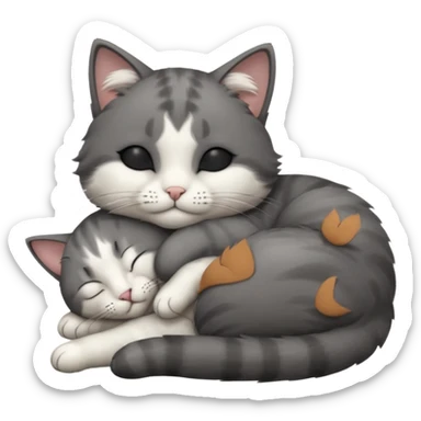 dark grey and white small cat with closed eyes, leaning his head on his paw while leaning on his elbow lying down sticker