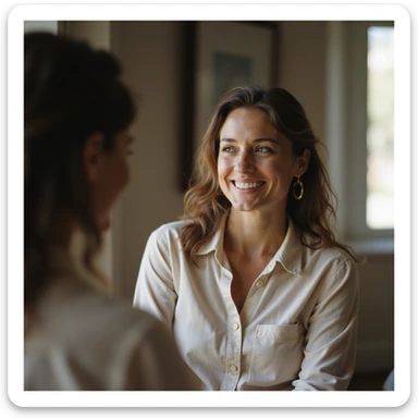 adult woman looking at herself in the mirror and smiling, theme of acceptance and wellness, realistic style, natural details, intimate environment sticker